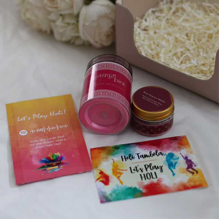 Rang, Raag aur Rivaaj Gift Box | Includes 1 Organic Pink Gulaal, 1 Rose Essence Mishri, 1 Spotify Scan Card, 1 Holi Tamboola Card, 1 All Things Nice Gift Box