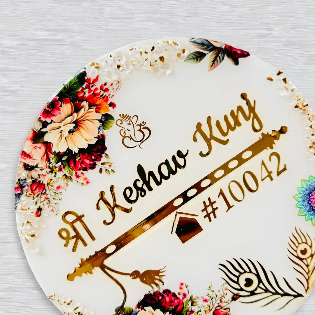 Personalized Round Floral Theme Resin Name Plate