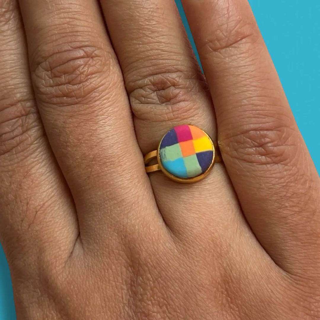 Handmade Polymer Clay Madras Fabric Check Design Ring