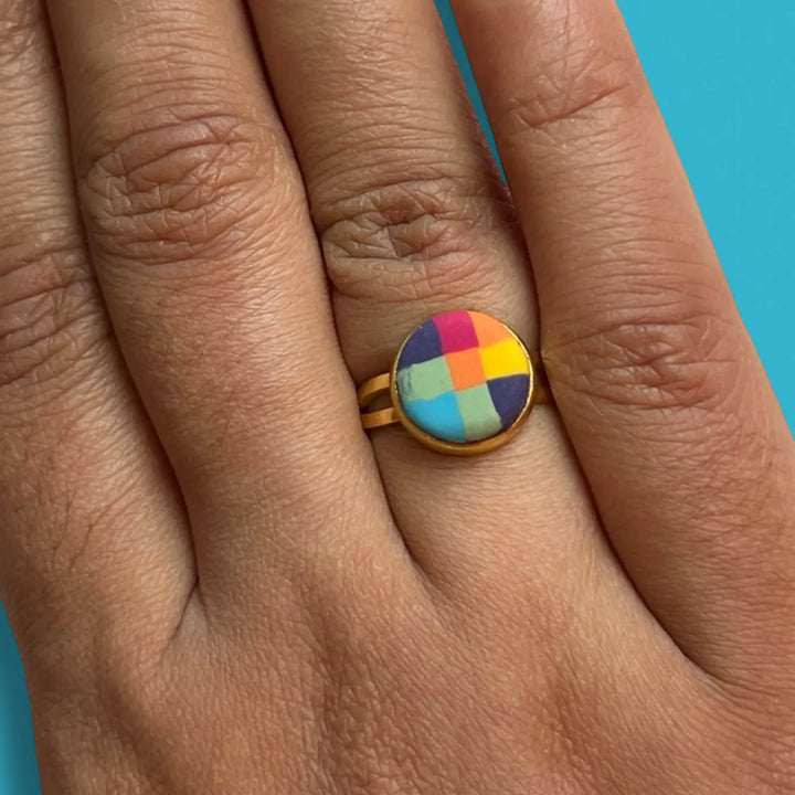Handmade Polymer Clay Madras Fabric Check Design Ring