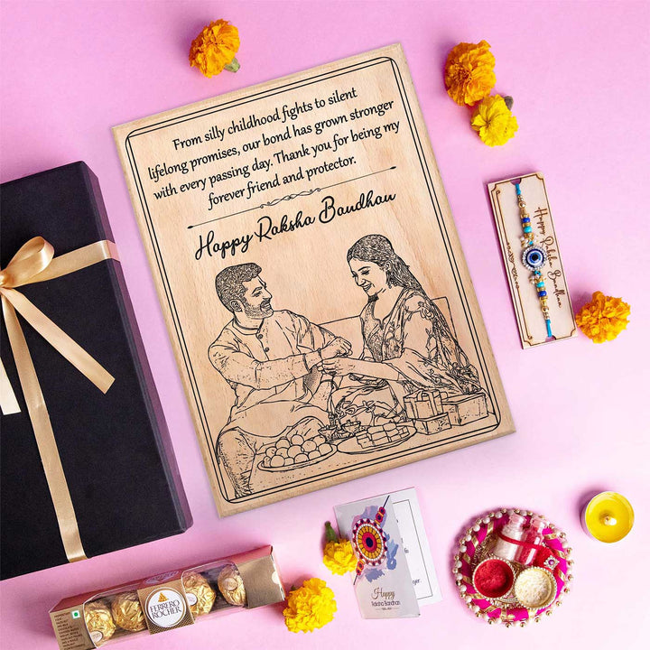 Photo Personalized Engraved Raksha Bandhan Theme Square Wooden Decorative Plaque Rakhi Hamper Includes 1 Rakhi 1 Plaque 1 Chocolate 1 Card And 1 Rakhi Plate - Plaque and Accessories Gift Presentation