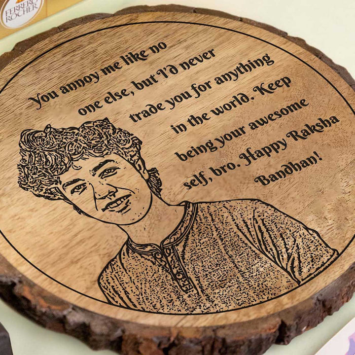 Photo Personalized Engraved Brother Theme Wooden Decorative Plaque Rakhi Hamper Includes 1 Rakhi 1 Plaque 1 Chocolate 1 Card And 1 Rakhi Plate - Arrangement with Rakhi and Card