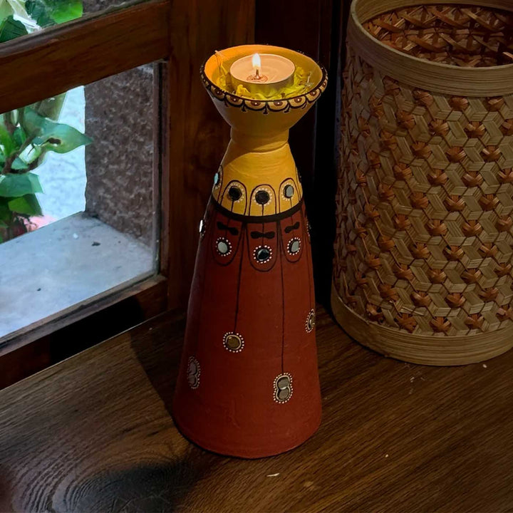 Set of 5 | Natural Finish Hand-Painted Terracotta Disc & Long Diya Tealight Holders For Festive Decor