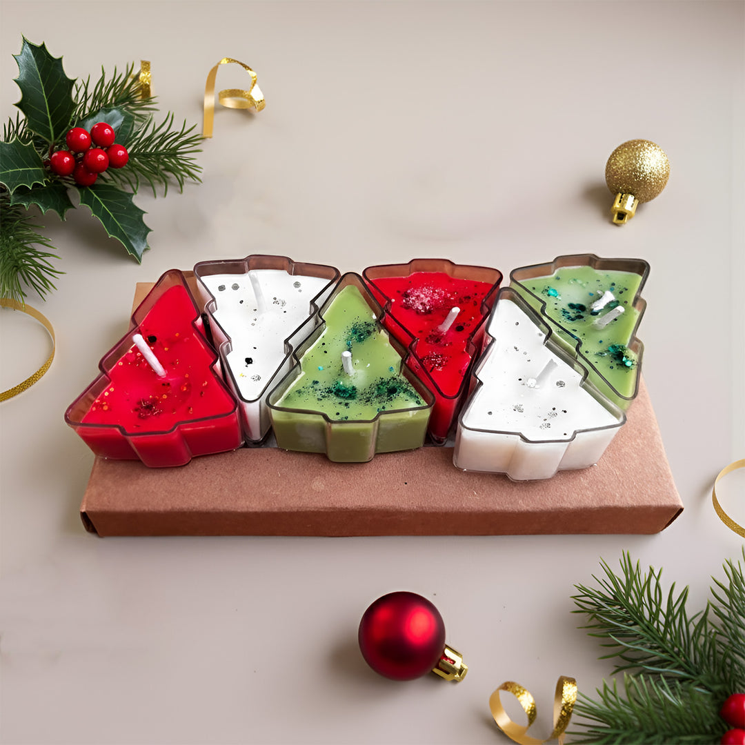6 Pc | Handmade Red, Green & White Xmas Tree Soy Wax Candles