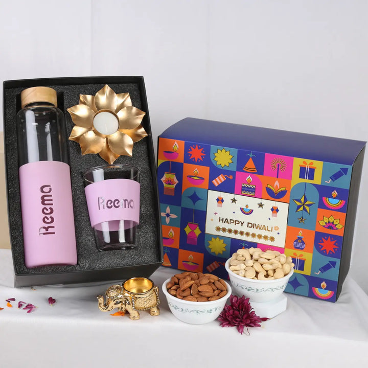 Personalized Diwali Gift Hamper | Includes 1 Bottle, 1 Glass, 1 Golden Lotus Diya