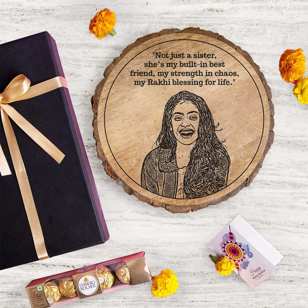 Photo Personalized Engraved Sis Theme Wooden Decorative Plaque Rakhi Hamper | Includes 1 Plaque, 1 Chocolate & 1 Card