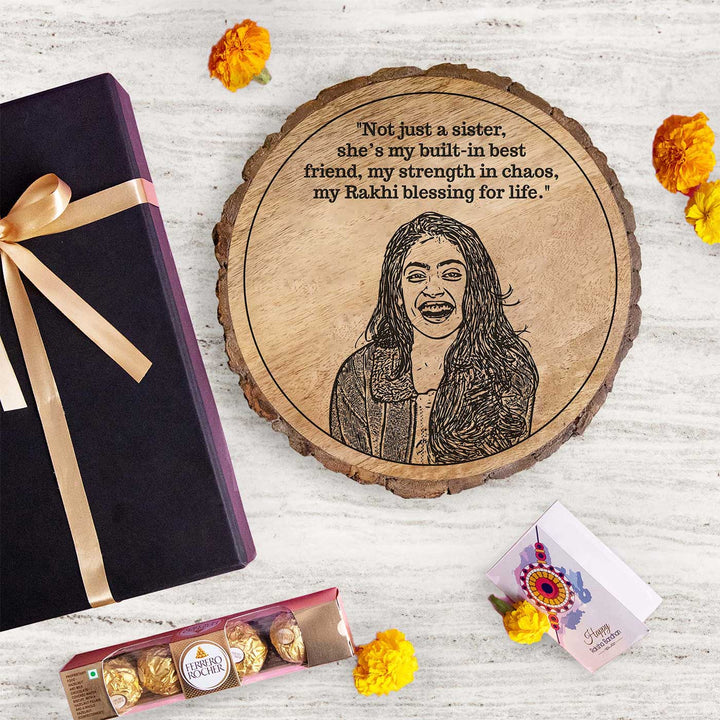Photo Personalized Engraved Sis Theme Wooden Decorative Plaque Rakhi Hamper | Includes 1 Plaque, 1 Chocolate & 1 Card