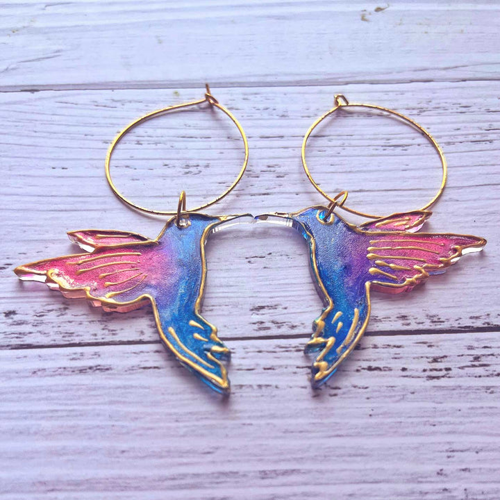Handmade Laser Cut Humming Bird Hoop Acrylic Earrings
