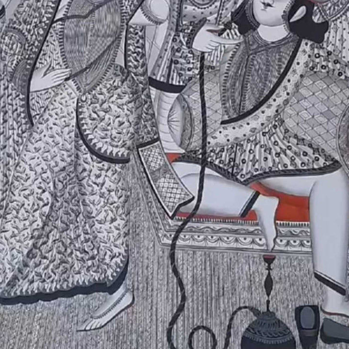 28 x 22 Inch | Royal Court Scene | Original Hand Painted Kalighat Painting | Natural Pigment On Paper