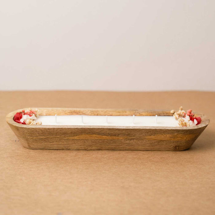 12 Inch | Handmade Wooden Boat Shaped Wax Scented Candle With Dry Flowers