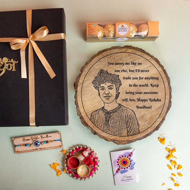 Photo Personalized Engraved Brother Theme Wooden Decorative Plaque Rakhi Hamper Includes 1 Rakhi 1 Plaque 1 Chocolate 1 Card And 1 Rakhi Plate - Gift Set Items Laid Out