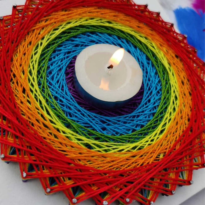 Handmade String Art Rainbow Design Wooden Tealight Holder With Tealight Candle