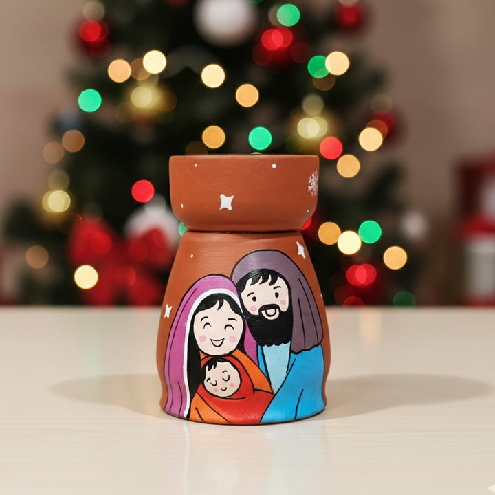 Hand-Painted Holy Family Theme Terracotta Tealight Holder