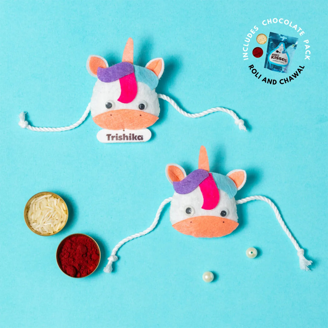 Personalized Handmade Unicorn Theme Felt Kids Rakhi With Chocolates & Roli Chawal