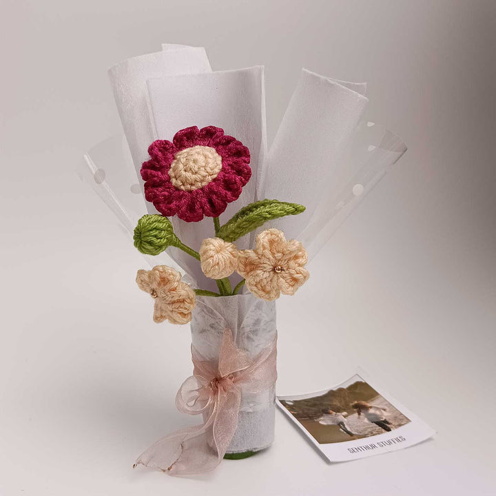 Handmade Crochet Burgundy & Cream Mini Flower Bouquet | Includes Photo & Greeting Card