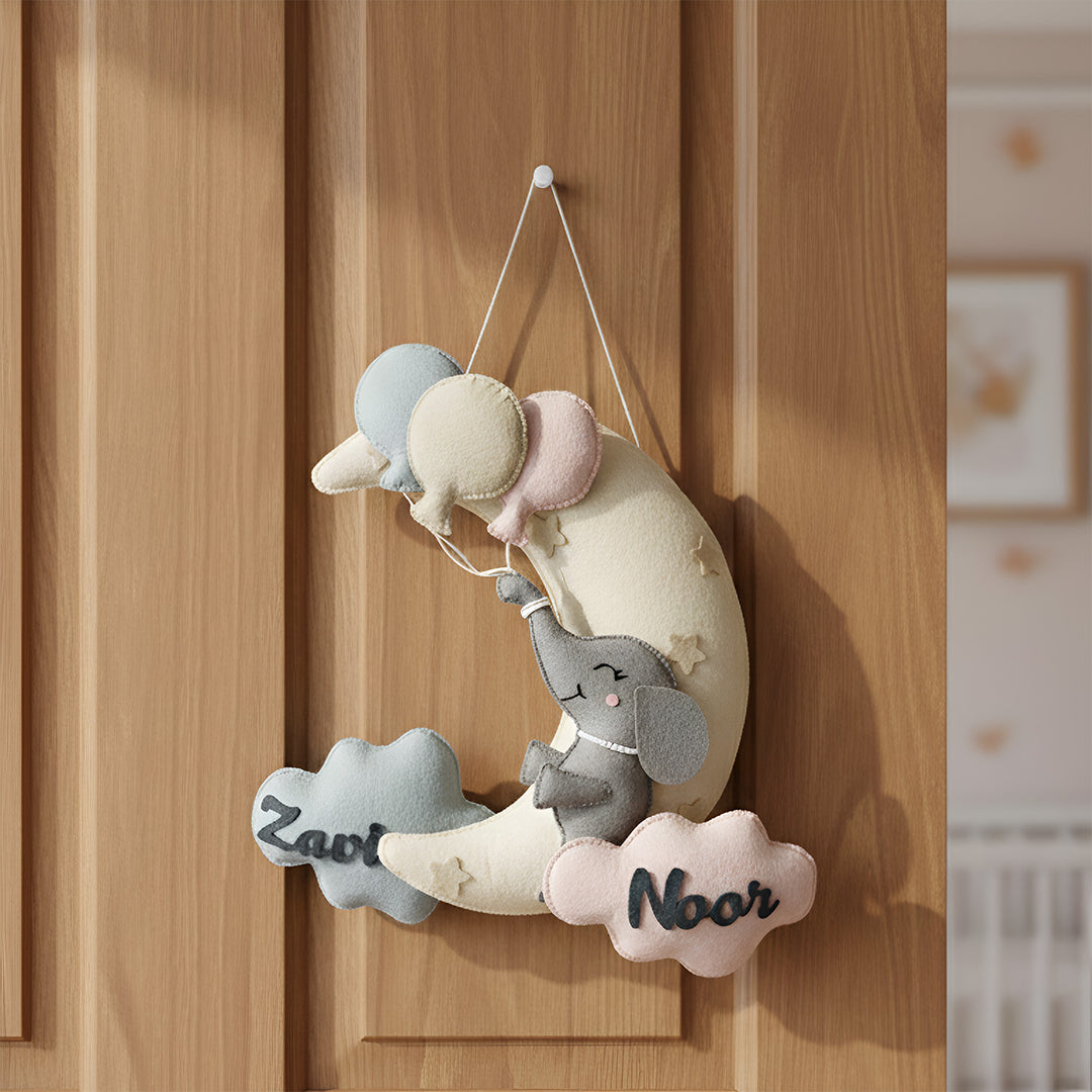 Personalized Elephant’S Balloon Bliss Theme Felt Kids Name Plate