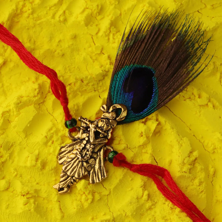 Handmade Krishna & Peacock Feather Rakhi With Roli Chawal