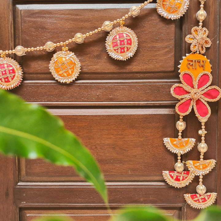 3 Pc | Handmade Festive Red & Orange Gota Patti Banderwal Toran with Shubh Labh Hangings