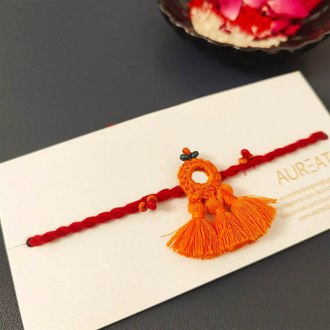 Handmade Mirror Work & Tassels Rakhi With Roli Chawal