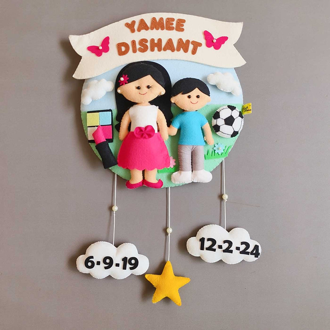 Hand-stitched Hobby Themed Round Felt Kids Name Plate for Siblings