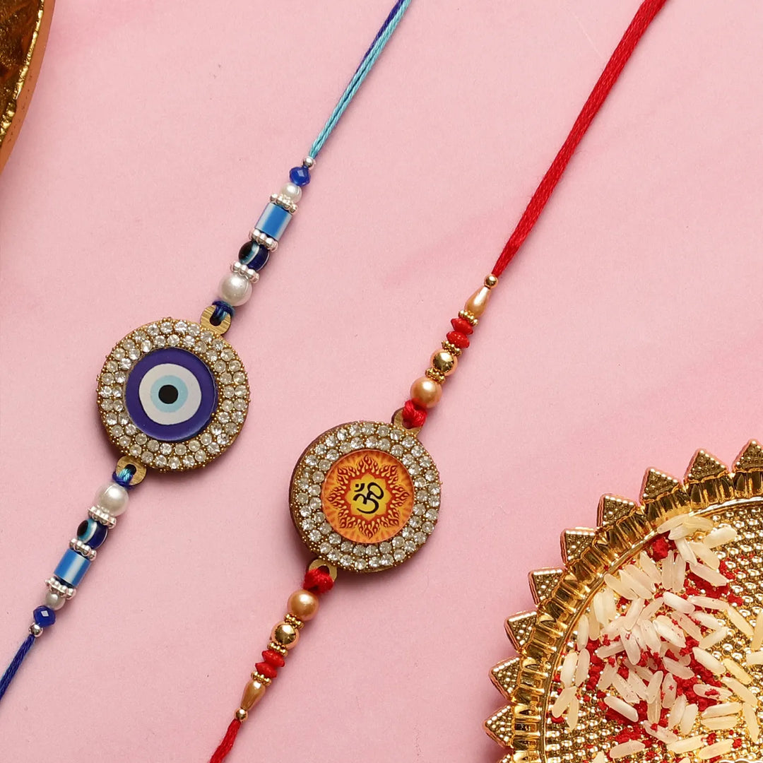 Handmade Om & Evil Eye Rakhi With Roli Chawal | Set Of 2