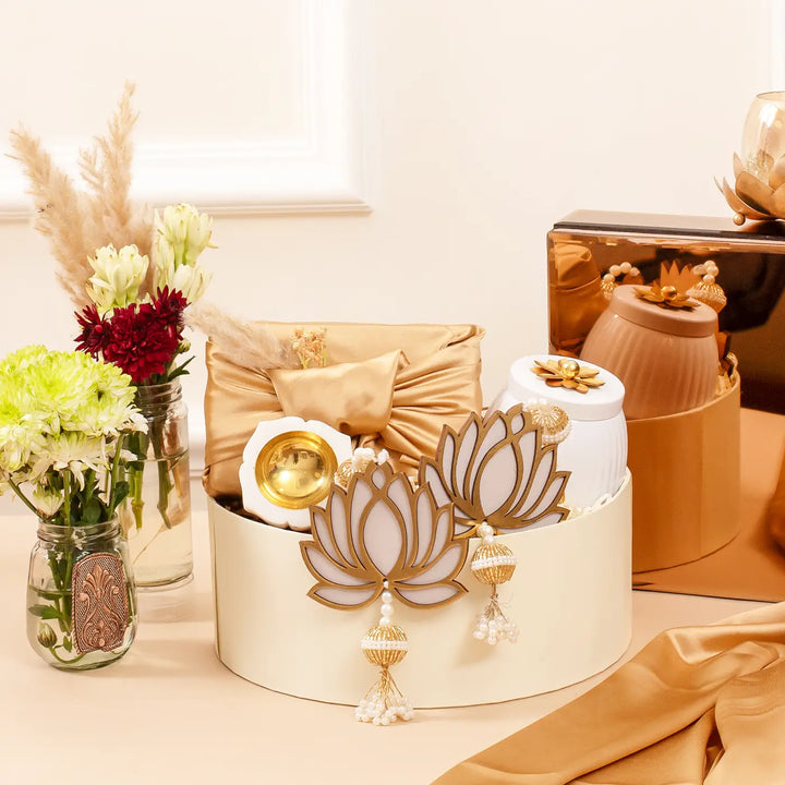 Lotus Limelights Diwali Gift Hamper | Includes 2 Lotus Hangings, 1 Marble Diya, 1 Moong Barfi Box, 1 Dry Fruits Jar, 1 Gift Box
