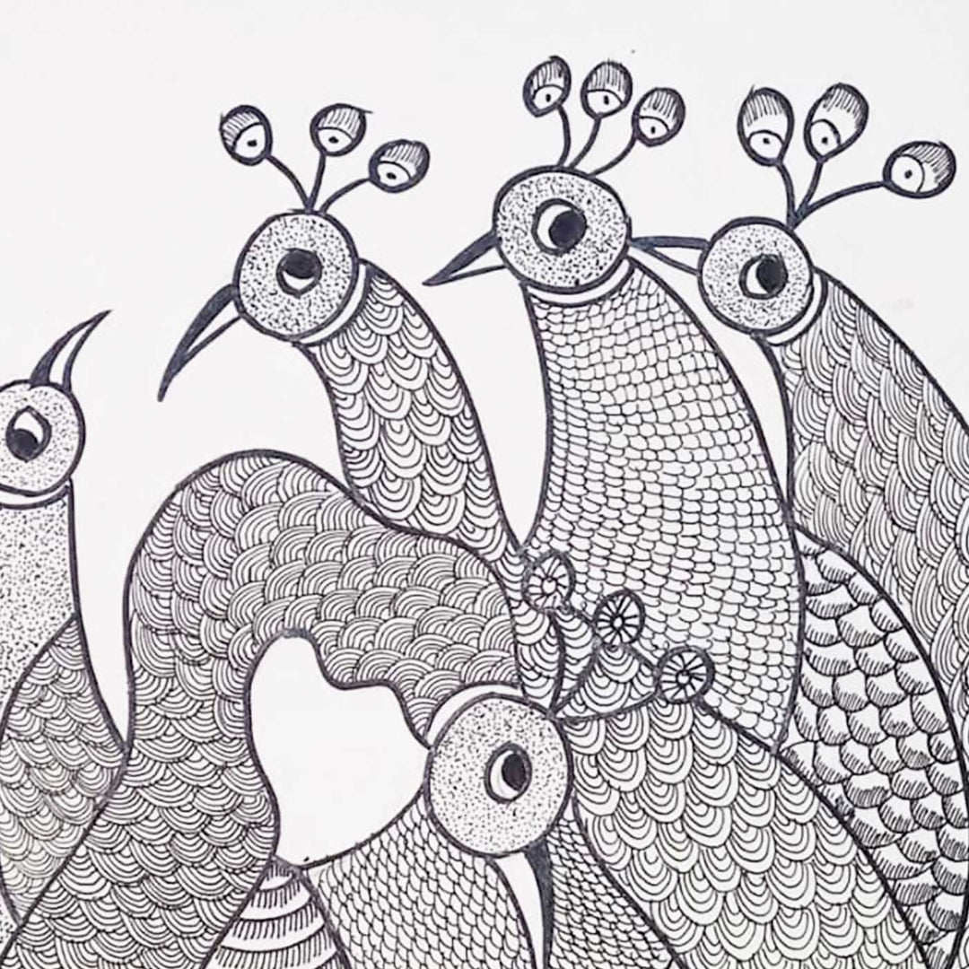 11 x 15 Inch | Peacock Family | Original Hand Painted Tribal Gond Art Painting | Acrylic Paints On Paper