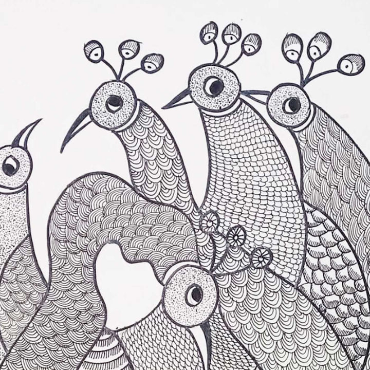 11 x 15 Inch | Peacock Family | Original Hand Painted Tribal Gond Art Painting | Acrylic Paints On Paper