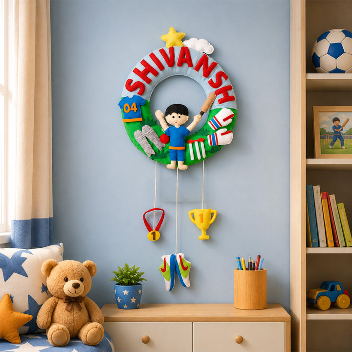 Personalised Cricket Star Kids Felt Name Plate