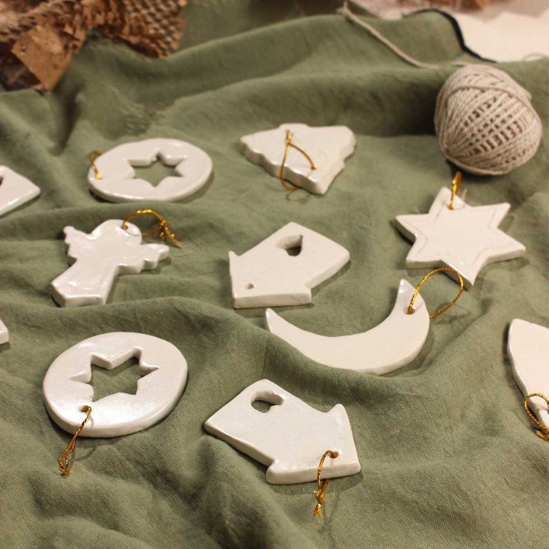 Handmade White Ceramic Ornaments For Christmas Tree Decoration | Set Of 10