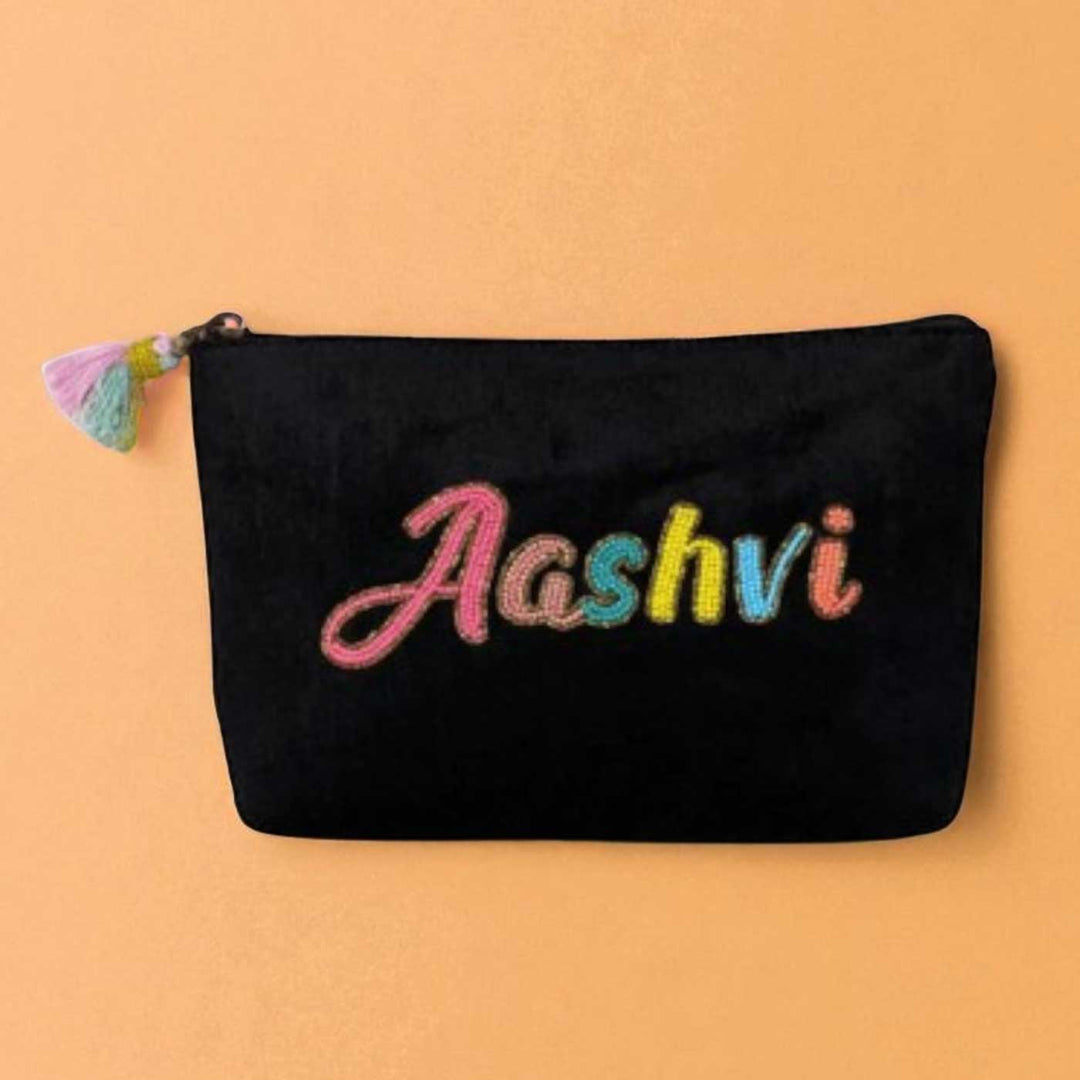 Personalized Handmade Embroidered Solid Black Velvet Pouch