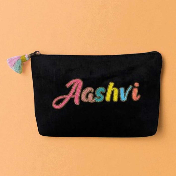 Personalized Handmade Embroidered Solid Black Velvet Pouch