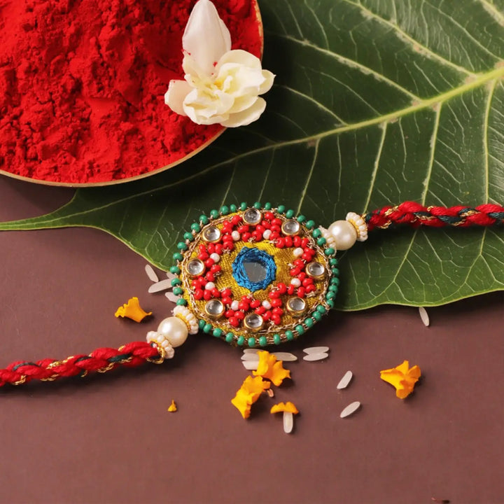 Handmade Embroidered & Beaded Ethnic Rakhi With Roli Chawal