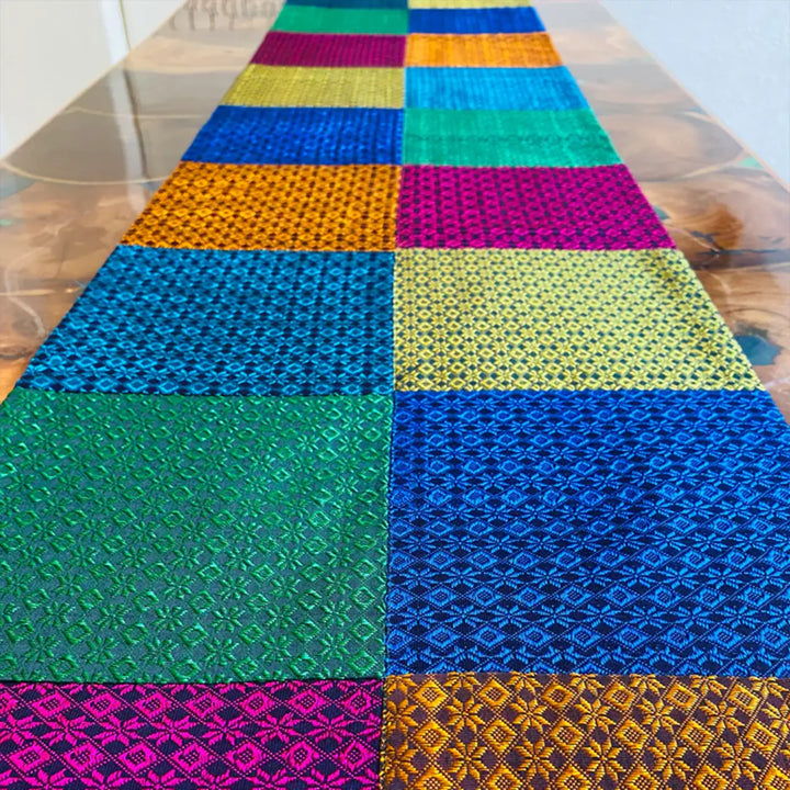 Handmade Multicolor Nava Rasa Design Khunn Fabric Cotton Table Runner | 12 x 60 Inch
