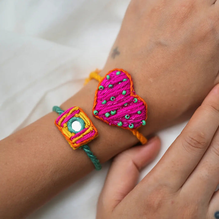 3 pc Rakhi + Brass Thali Set | Premium Candy Pop Embroidered Rakhi Set with Roli Chawal