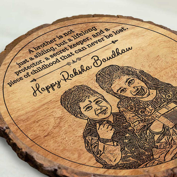 Photo Personalized Engraved Cute Bro Sis Theme Wooden Decorative Plaque Rakhi Hamper Includes 1 Rakhi 1 Plaque 1 Chocolate 1 Card And 1 Rakhi Plate - Engraving Detail Close-up
