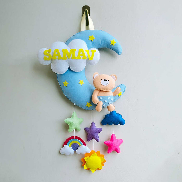 Personalized Teddy On Moon Theme Felt Kids Name Plate
