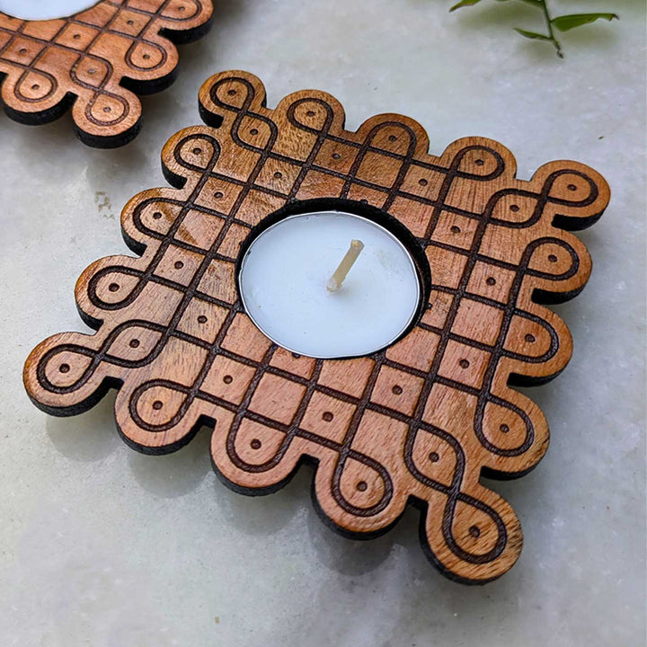 4 pc | Looped Square Hand-Engraved Mahogany Wood Kolam Tealight Holders