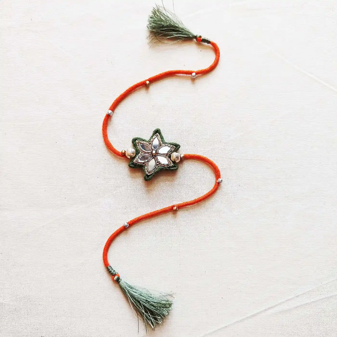 Handmade Mirror Work Flower Rakhi With Roli Chawal - Full Length View (9)
