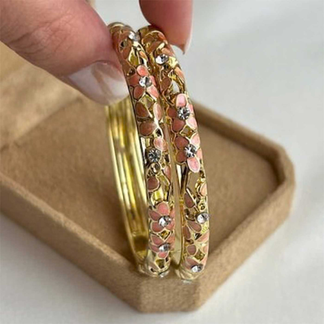 Handcrafted Floral Enamel Cut-Work Crystal Studded 18K Gold Plated Stainless Steel Openable Bangle - Coral