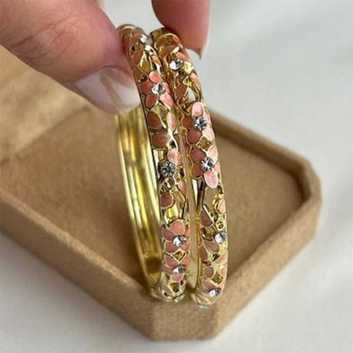 Handcrafted Floral Enamel Cut-Work Crystal Studded 18K Gold Plated Stainless Steel Openable Bangle - Coral