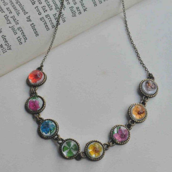 Handmade Multicolour Preserved Flower Brass Necklace