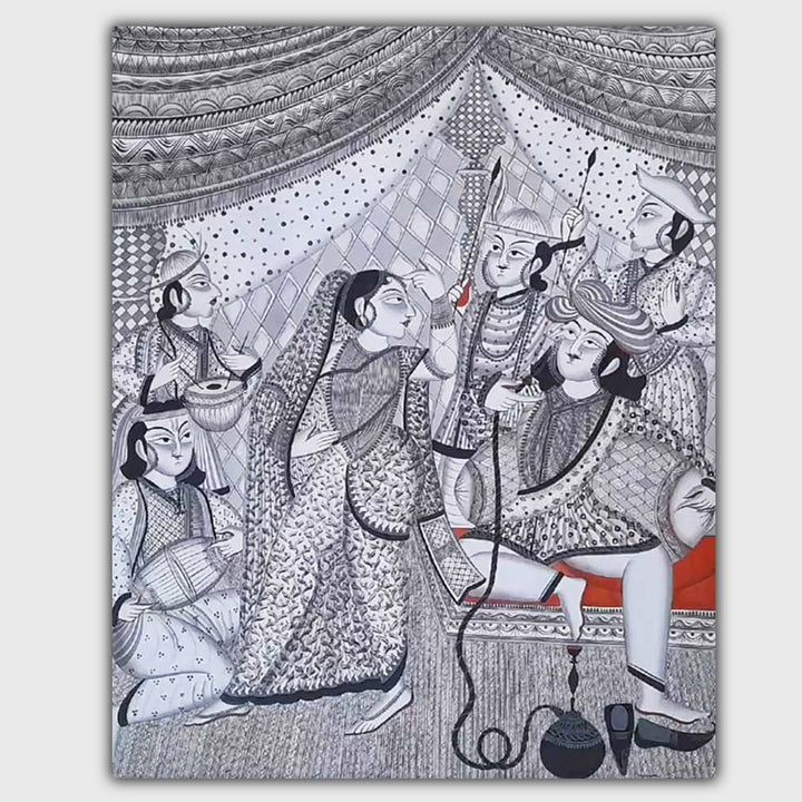 28 x 22 Inch | Royal Court Scene | Original Hand Painted Kalighat Painting | Natural Pigment On Paper