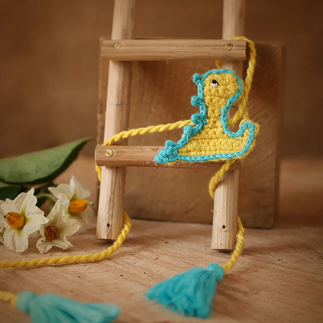 Handmade Crochet Baby Dragon Theme Kids Rakhi With Roli Chawal