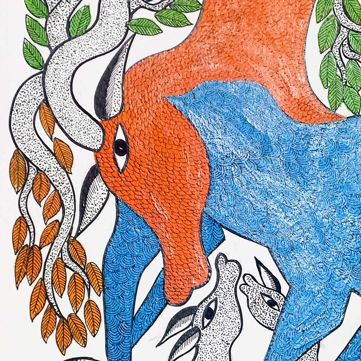 11 x 15 Inch | A Mother’s Embrace Of Cow | Original Hand Painted Tribal Gond Art Painting | Acrylic Paint On Paper