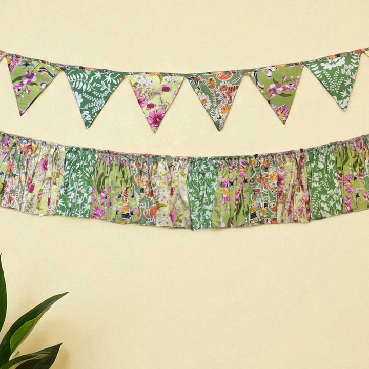 Handmade Green Floral Upcycled Fabric Bunting & Garland | Set Of 2