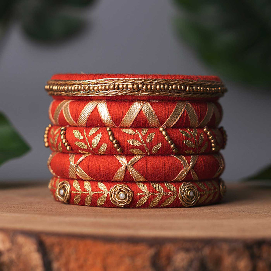 Maroon Handcrafted Beads & Delicate Zardosi Bangles | Set of 5