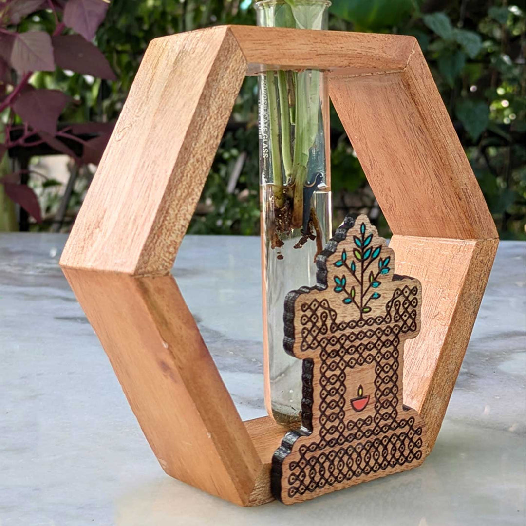 Hand-Painted Tulasi Maadam Wooden Hexagon Test Tube Planter For Home Decor