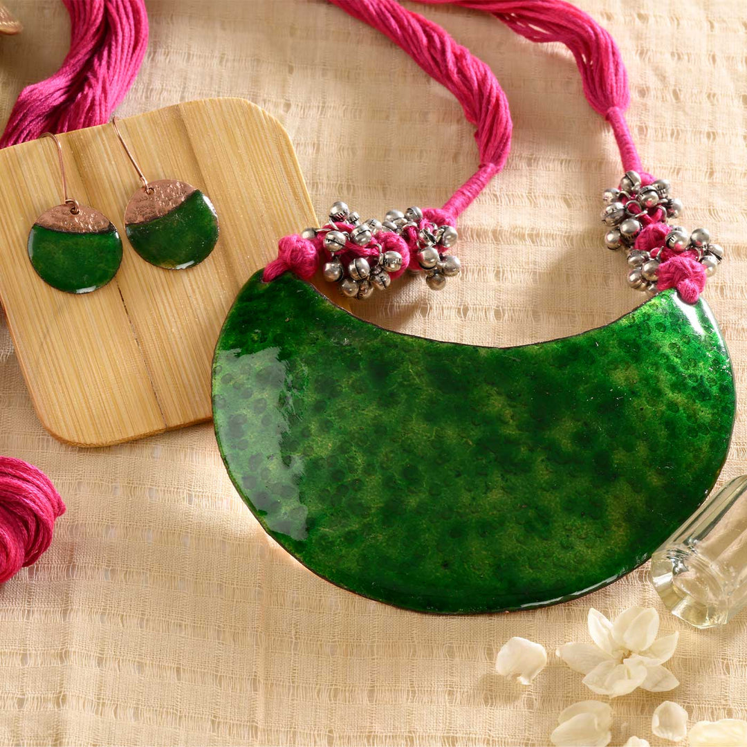Handmade Full Moon Shaped Ghungroo Copper Enamel Pendant With Earrings