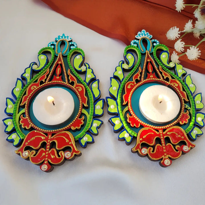 Hand-Painted Red & Green Pushpraag MDF Wood Tealight Holder | Set Of 2